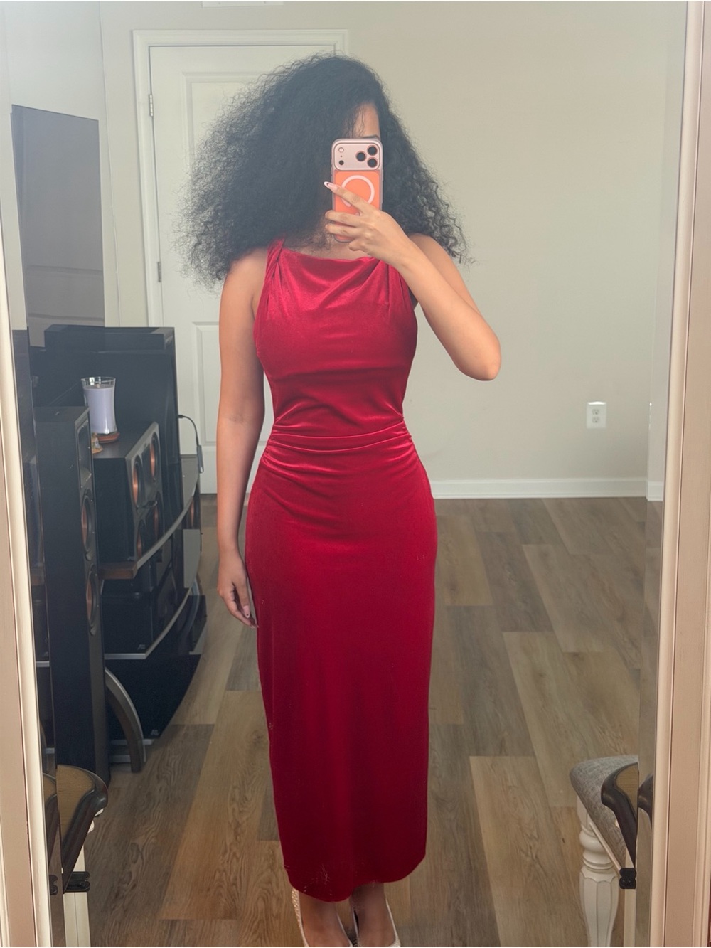 Zara Red Velvet Midi Dress with Draped Neckline